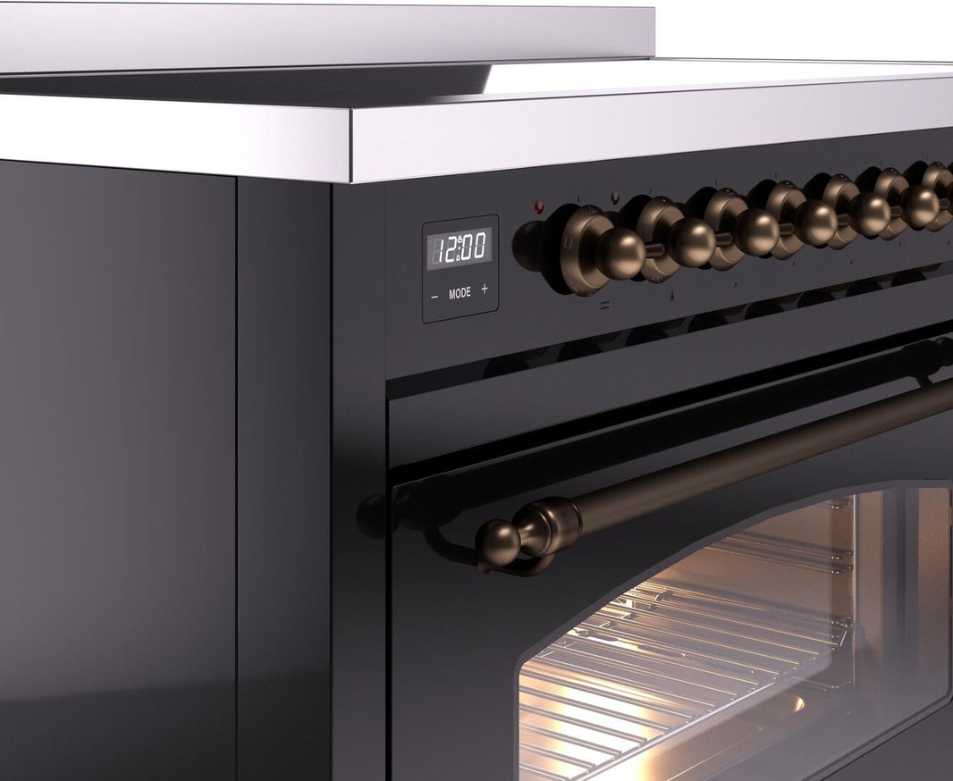 ILVE Nostalgie II 48-Inch Freestanding Electric Induction Range in Glossy Black with Bronze Trim (UPI486NMPBKB)