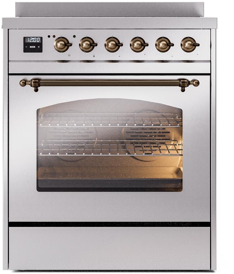 ILVE Nostalgie II 30-Inch Freestanding Electric Induction Range in Stainless Steel with Bronze Trim (UPI304NMPSSB)