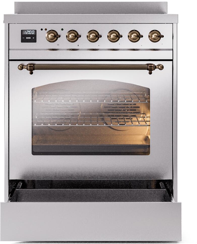 ILVE Nostalgie II 30-Inch Freestanding Electric Induction Range in Stainless Steel with Bronze Trim (UPI304NMPSSB)