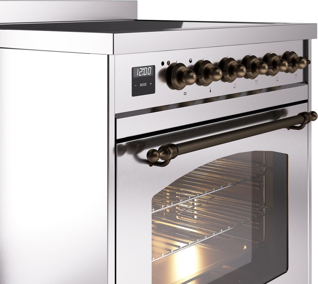 ILVE Nostalgie II 30-Inch Freestanding Electric Induction Range in Stainless Steel with Bronze Trim (UPI304NMPSSB)