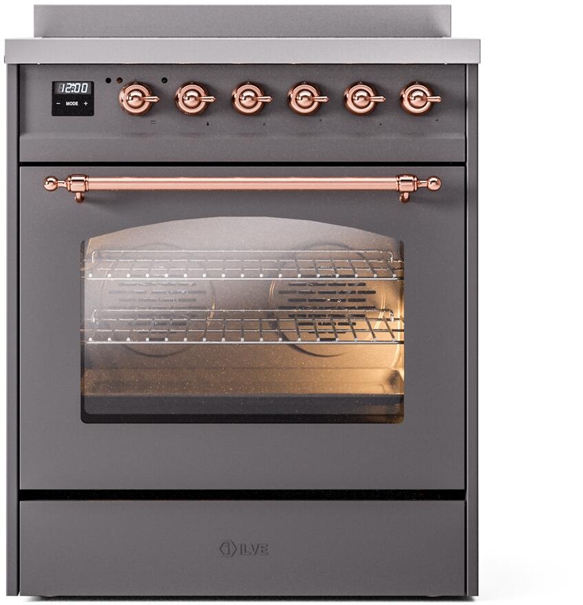 ILVE Nostalgie II 30-Inch Freestanding Electric Induction Range in Matte Graphite with Copper Trim (UPI304NMPMGP)