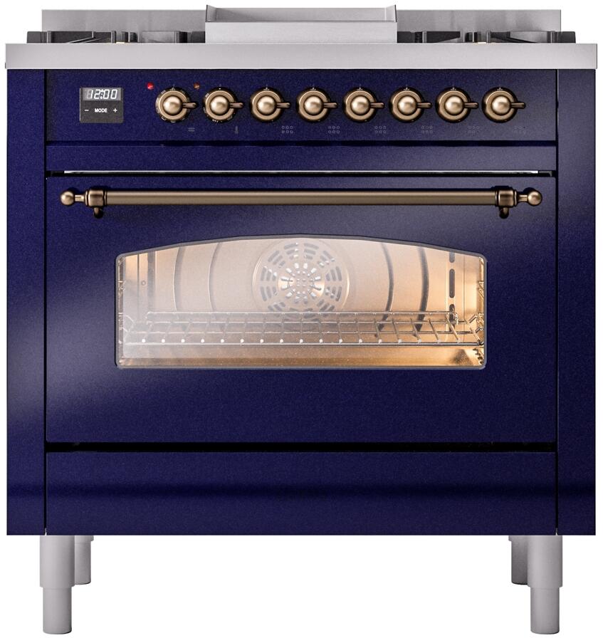 ILVE Nostalgie II 36-Inch Dual Fuel Freestanding Range in Midnight Blue with Bronze Trim (UP36FNMPMBB)