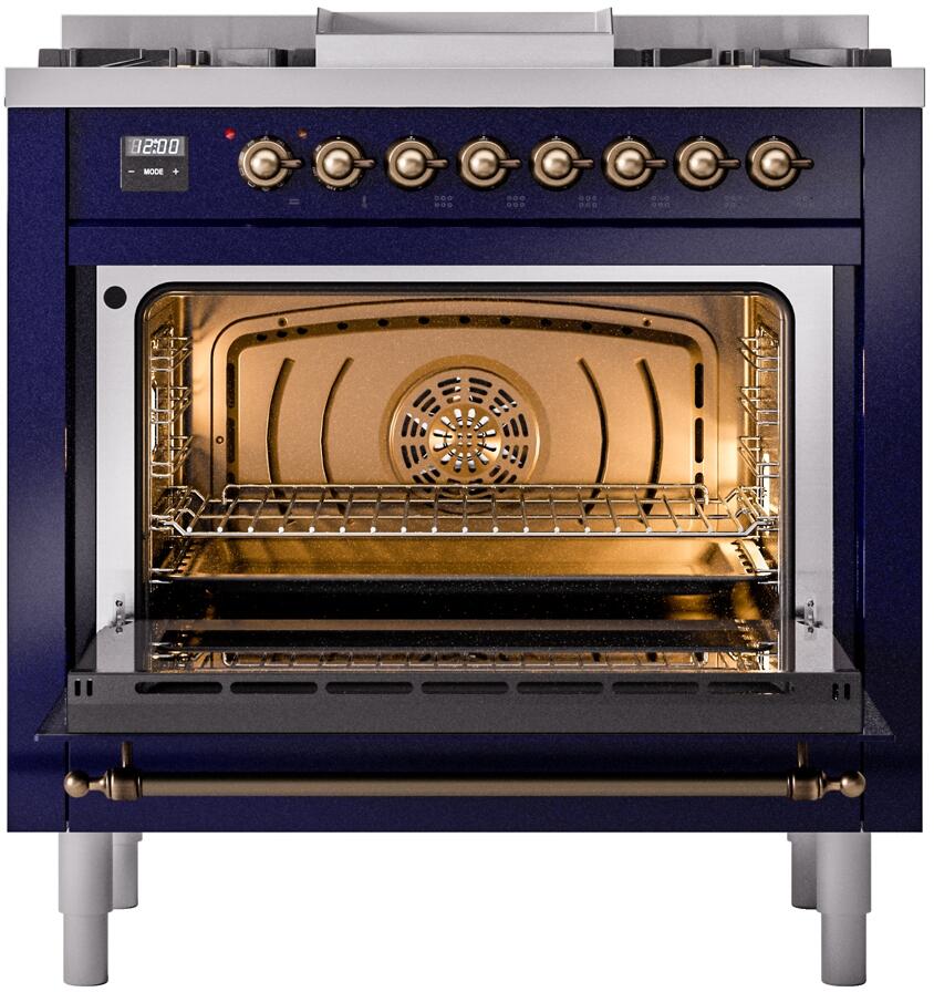 ILVE Nostalgie II 36-Inch Dual Fuel Freestanding Range in Midnight Blue with Bronze Trim (UP36FNMPMBB)