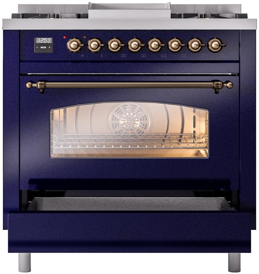 ILVE Nostalgie II 36-Inch Dual Fuel Freestanding Range in Midnight Blue with Bronze Trim (UP36FNMPMBB)