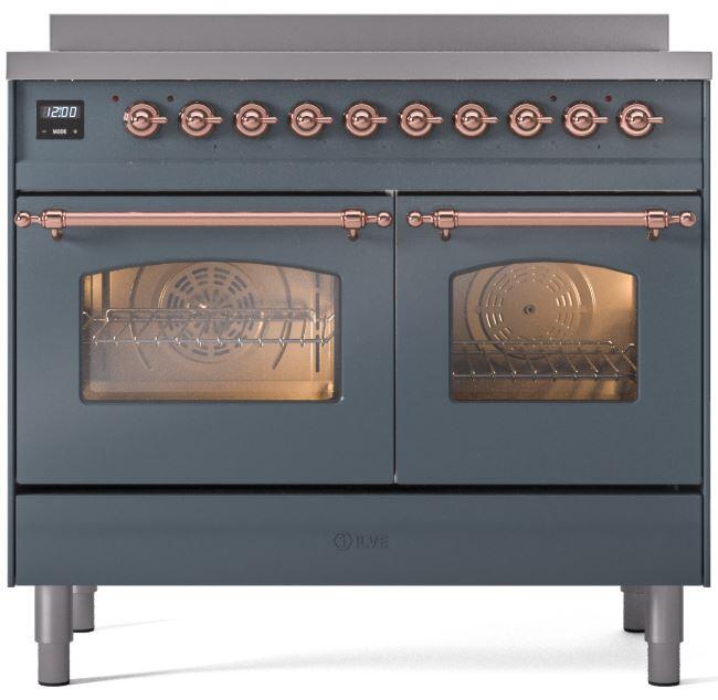 ILVE Nostalgie II 40-Inch Freestanding Electric Induction Range in Blue Grey with Copper Trim (UPDI406NMPBGP)