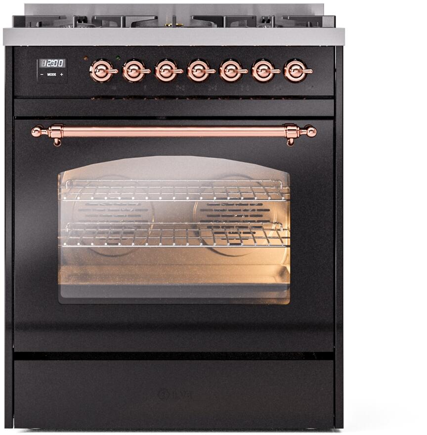 ILVE Nostalgie II 30-Inch Dual Fuel Freestanding Range in Glossy Black with Copper Trim (UP30NMPBKP)