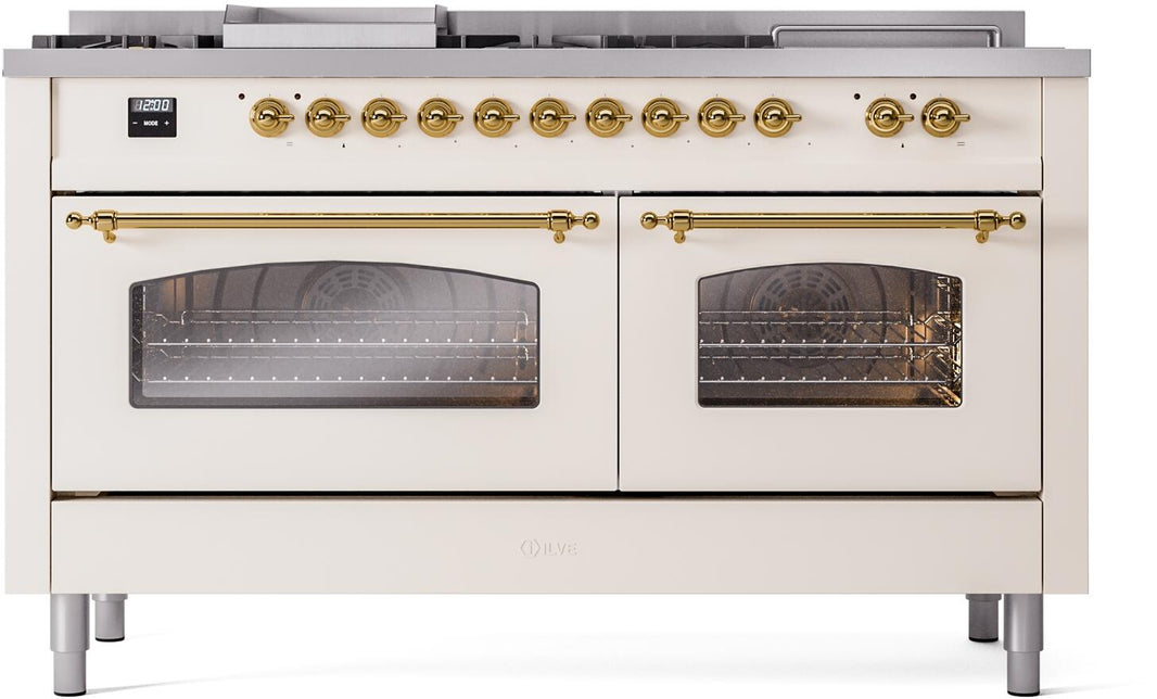 ILVE Nostalgie II 60-Inch Dual Fuel Freestanding Range in Antique White with Brass Trim (UP60FSNMPAWG)