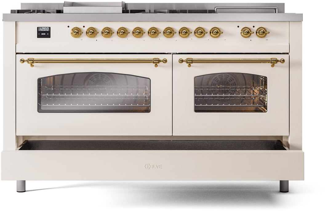 ILVE Nostalgie II 60-Inch Dual Fuel Freestanding Range in Antique White with Brass Trim (UP60FSNMPAWG)