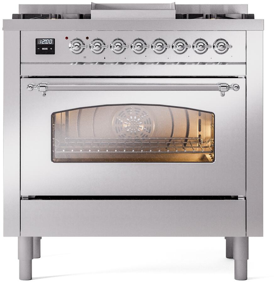 ILVE Nostalgie II 36-Inch Dual Fuel Freestanding Range in Stainless Steel with Chrome Trim (UP36FNMPSSC)