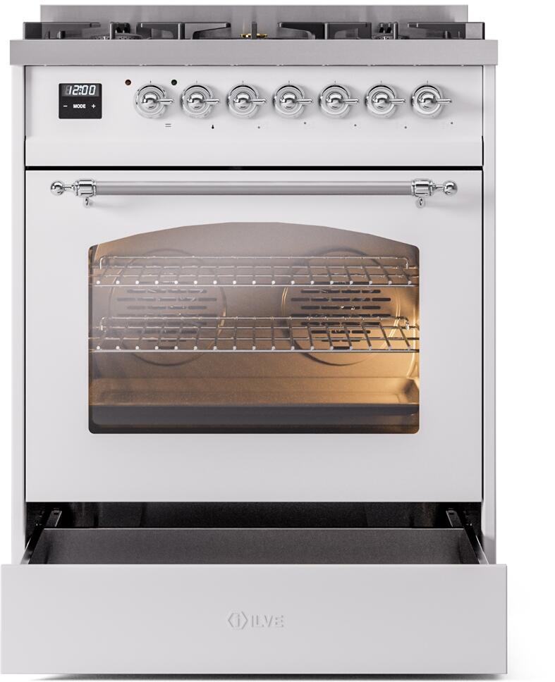 ILVE Nostalgie II 30-Inch Dual Fuel Freestanding Range in White with Chrome Trim (UP30NMPWHC)