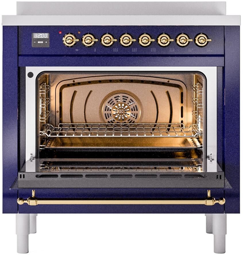 ILVE Nostalgie II 36-Inch Freestanding Electric Induction Range in Midnight Blue with Brass Trim (UPI366NMPMBG)