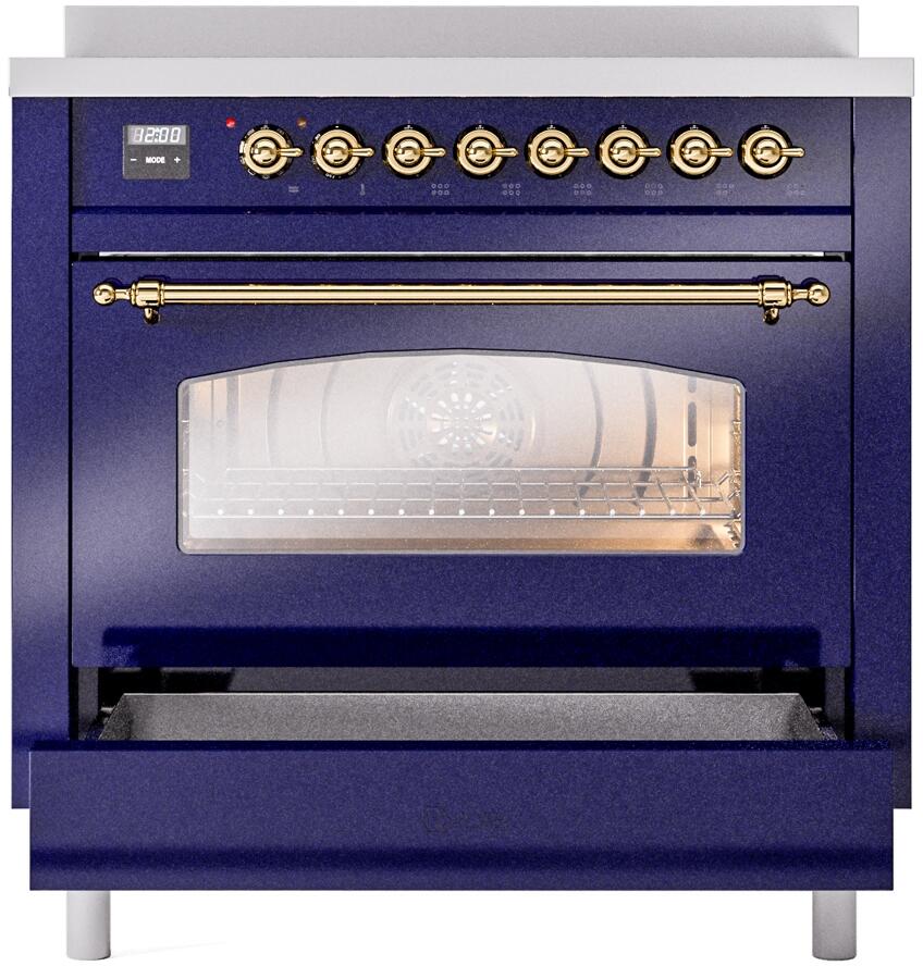 ILVE Nostalgie II 36-Inch Freestanding Electric Induction Range in Midnight Blue with Brass Trim (UPI366NMPMBG)