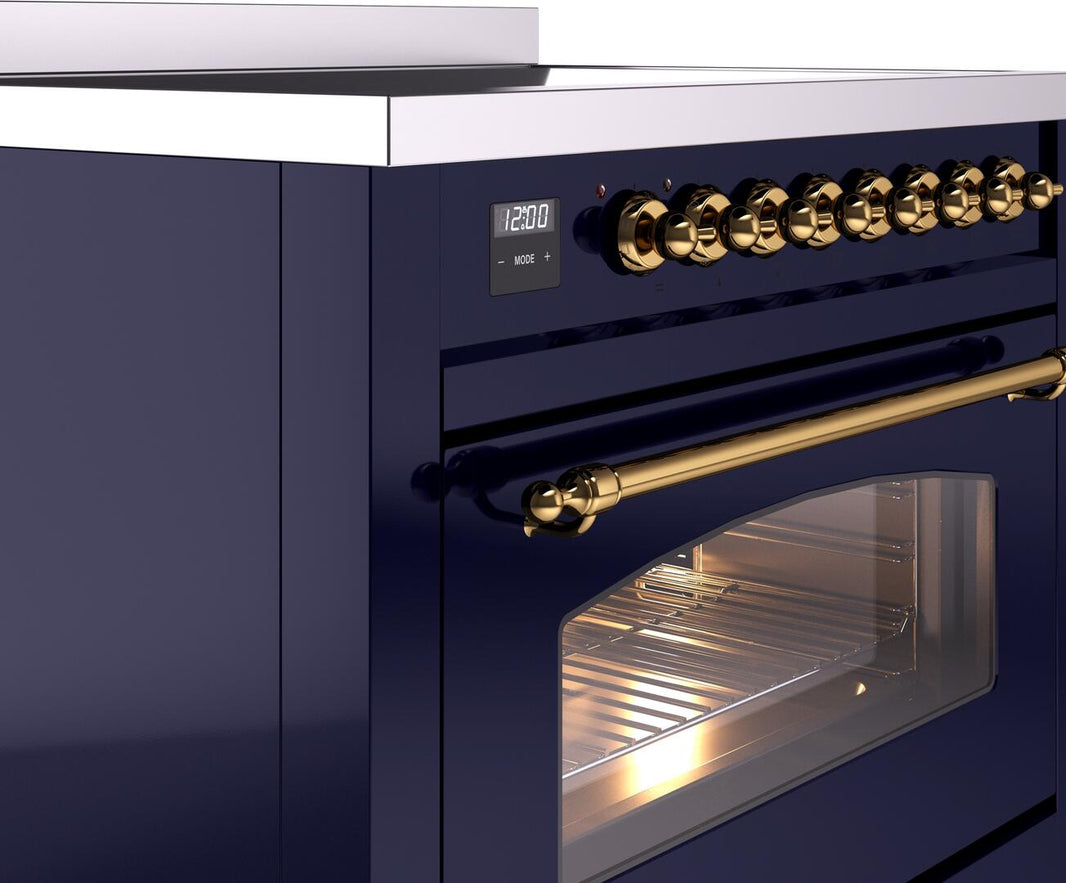 ILVE Nostalgie II 36-Inch Freestanding Electric Induction Range in Midnight Blue with Brass Trim (UPI366NMPMBG)