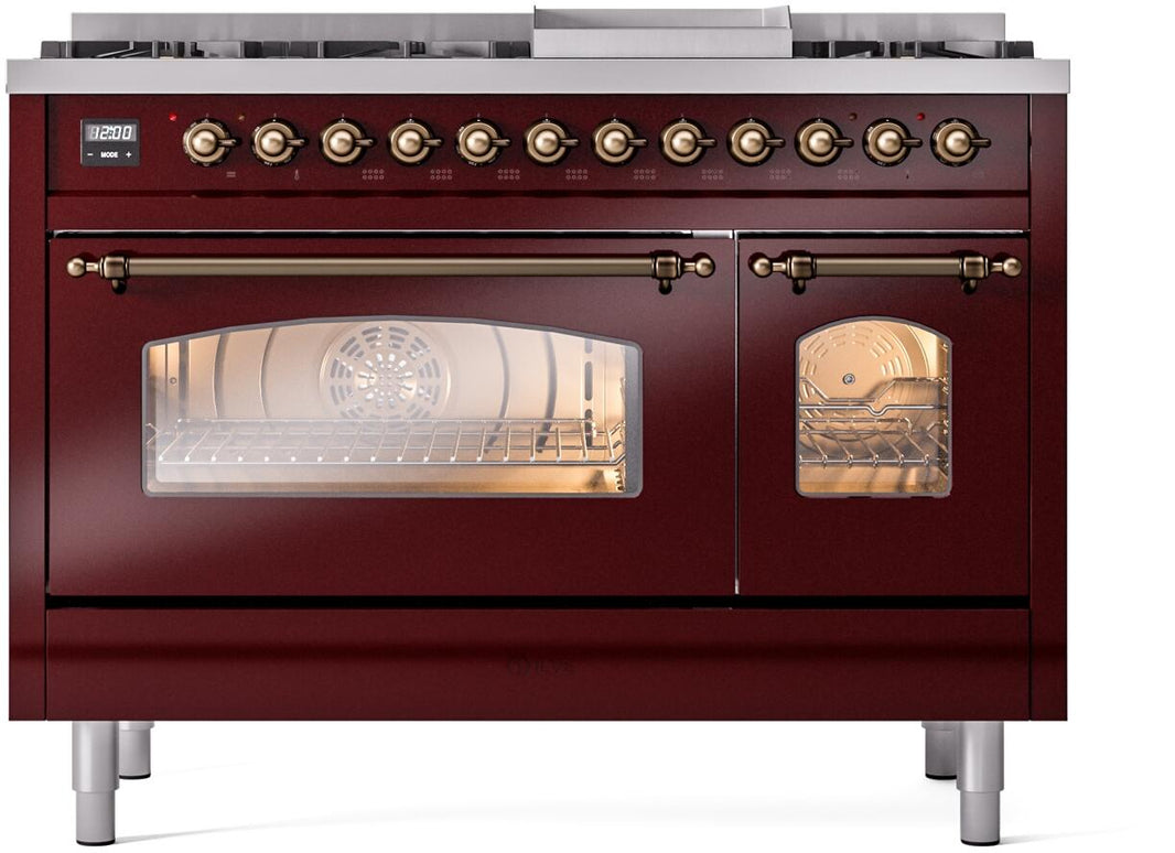 ILVE Nostalgie II 48-Inch Dual Fuel Freestanding Range in Burgundy with Bronze Trim (UP48FNMPBUB)