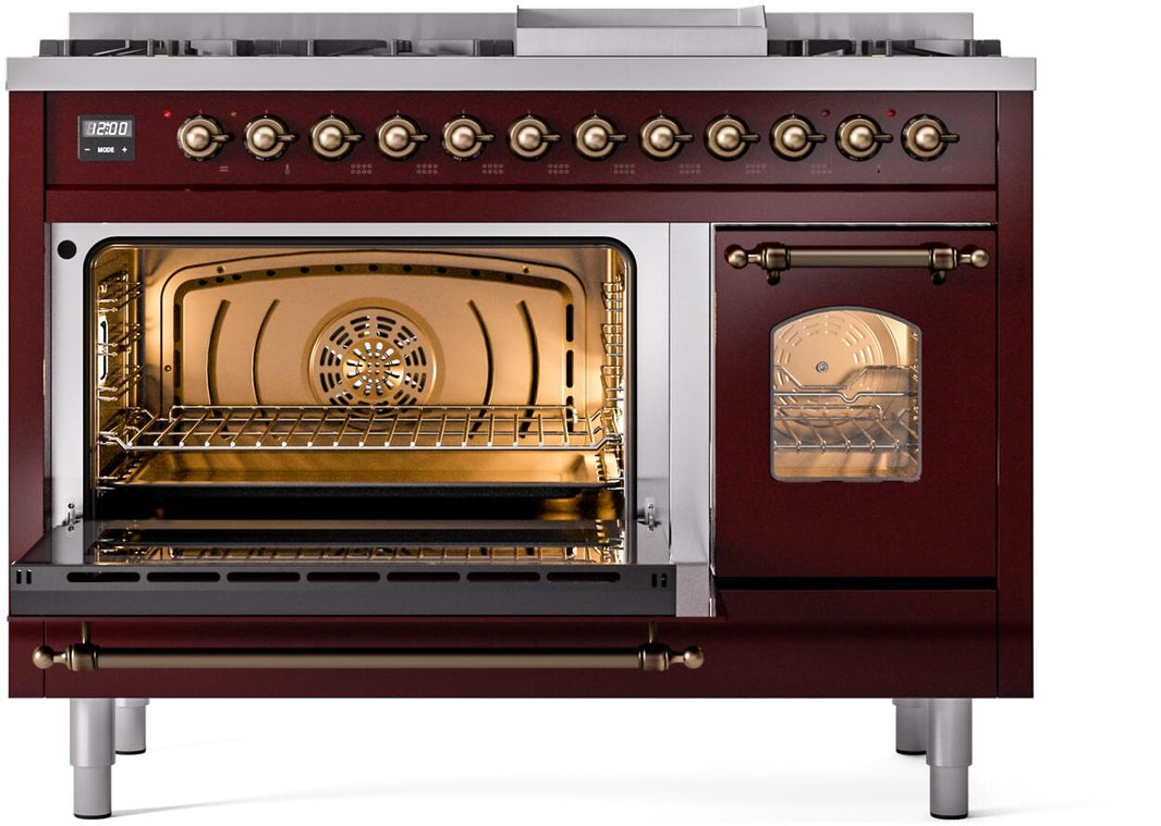 ILVE Nostalgie II 48-Inch Dual Fuel Freestanding Range in Burgundy with Bronze Trim (UP48FNMPBUB)