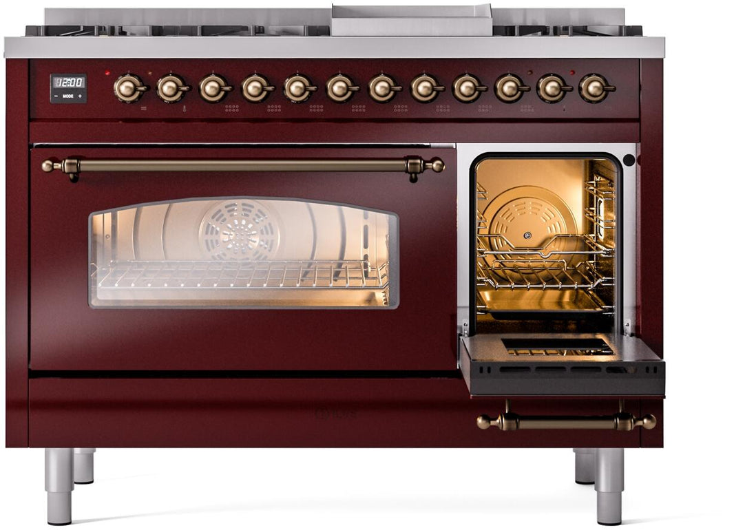 ILVE Nostalgie II 48-Inch Dual Fuel Freestanding Range in Burgundy with Bronze Trim (UP48FNMPBUB)