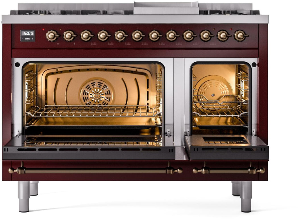 ILVE Nostalgie II 48-Inch Dual Fuel Freestanding Range in Burgundy with Bronze Trim (UP48FNMPBUB)