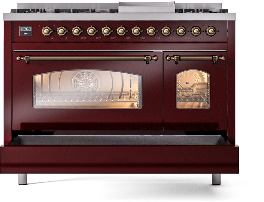 ILVE Nostalgie II 48-Inch Dual Fuel Freestanding Range in Burgundy with Bronze Trim (UP48FNMPBUB)