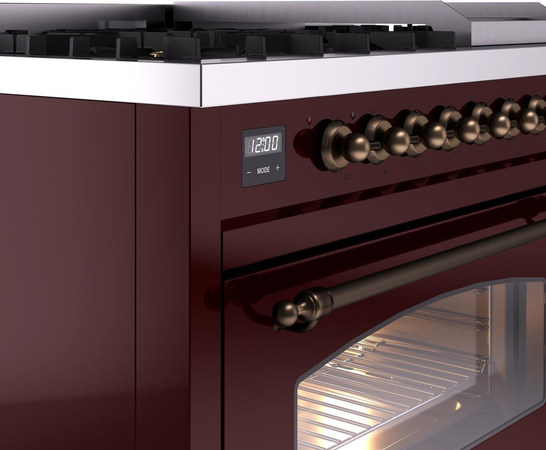 ILVE Nostalgie II 48-Inch Dual Fuel Freestanding Range in Burgundy with Bronze Trim (UP48FNMPBUB)