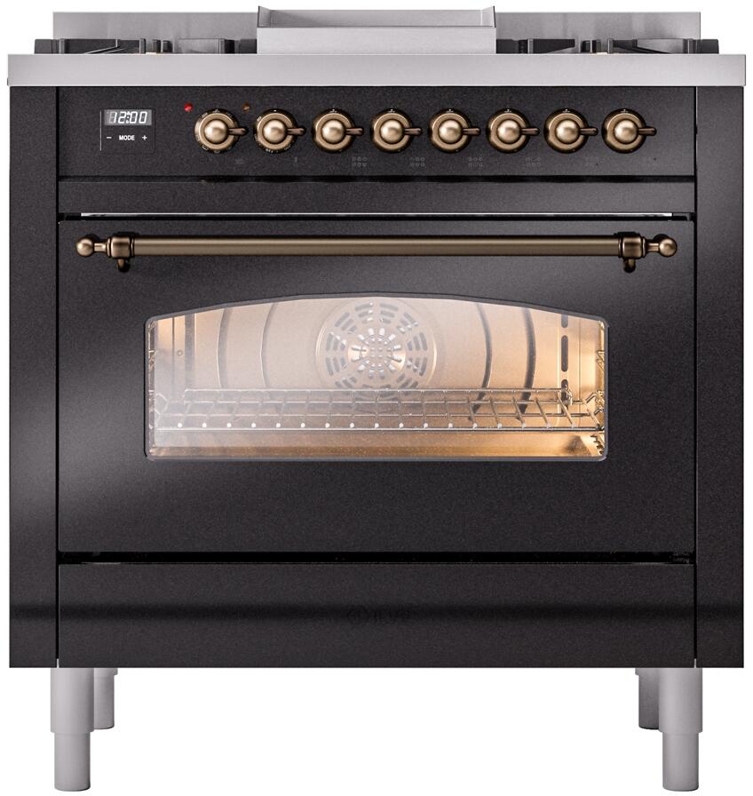 ILVE Nostalgie II 36-Inch Dual Fuel Freestanding Range in Glossy Black with Bronze Trim (UP36FNMPBKB)