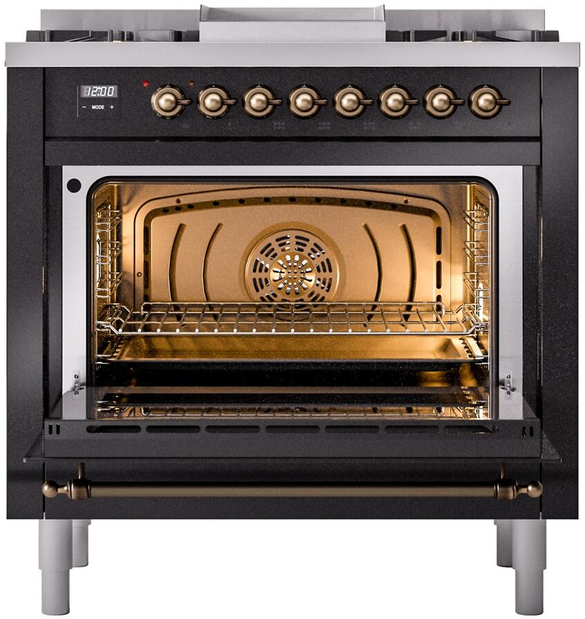 ILVE Nostalgie II 36-Inch Dual Fuel Freestanding Range in Glossy Black with Bronze Trim (UP36FNMPBKB)