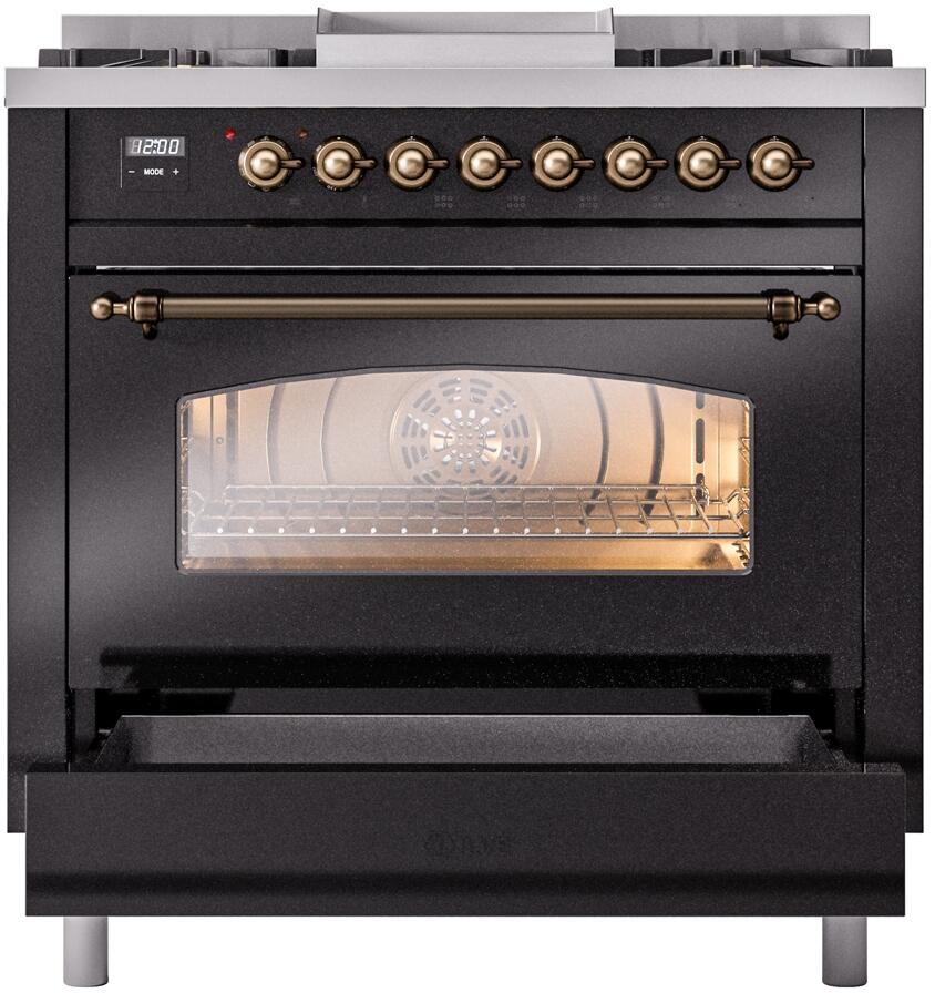 ILVE Nostalgie II 36-Inch Dual Fuel Freestanding Range in Glossy Black with Bronze Trim (UP36FNMPBKB)