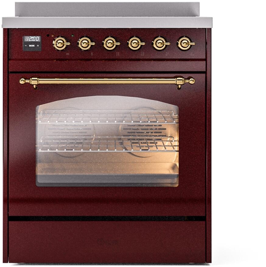 ILVE Nostalgie II 30-Inch Freestanding Electric Induction Range in Burgundy with Brass Trim (UPI304NMPBUG)