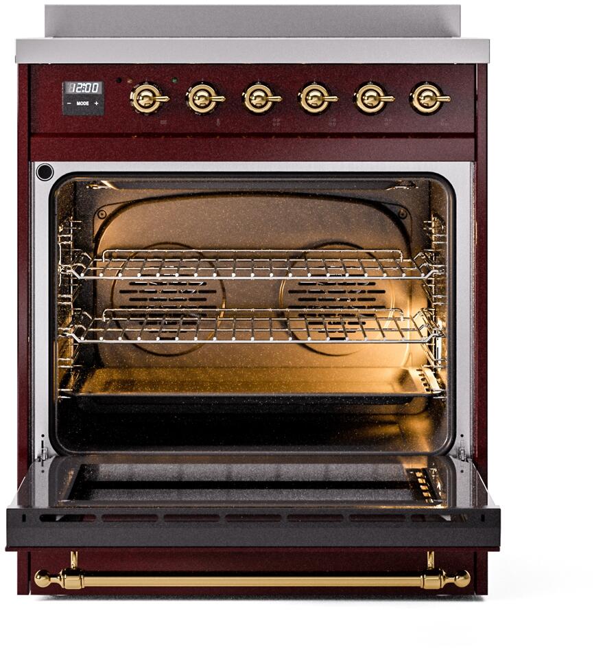 ILVE Nostalgie II 30-Inch Freestanding Electric Induction Range in Burgundy with Brass Trim (UPI304NMPBUG)