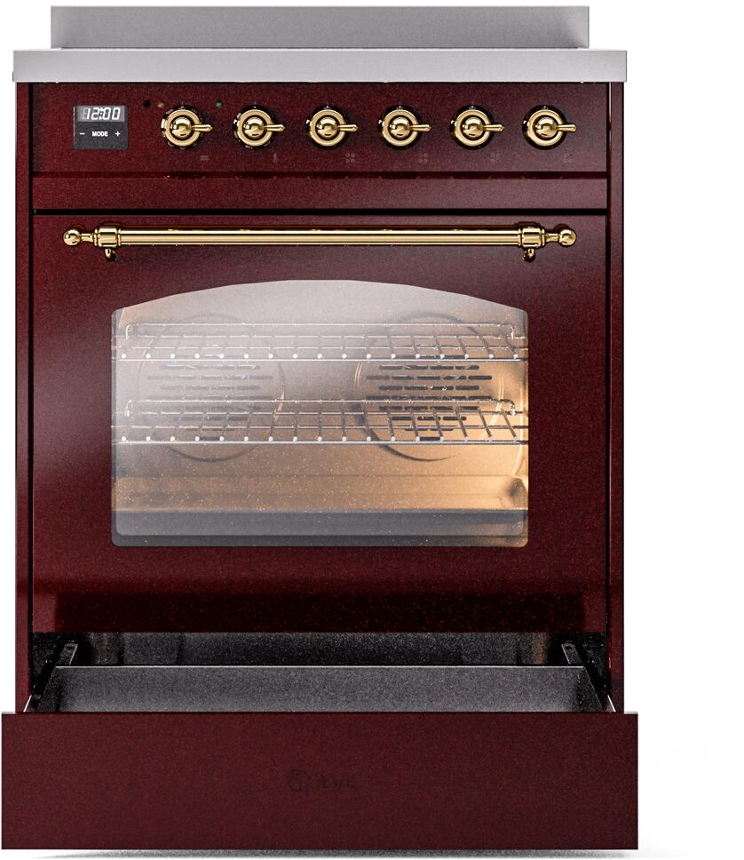 ILVE Nostalgie II 30-Inch Freestanding Electric Induction Range in Burgundy with Brass Trim (UPI304NMPBUG)