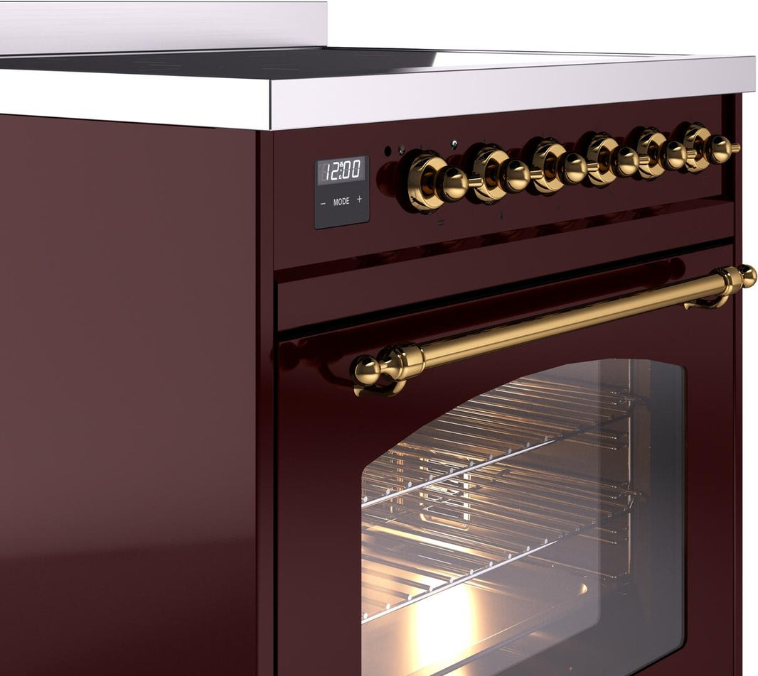 ILVE Nostalgie II 30-Inch Freestanding Electric Induction Range in Burgundy with Brass Trim (UPI304NMPBUG)