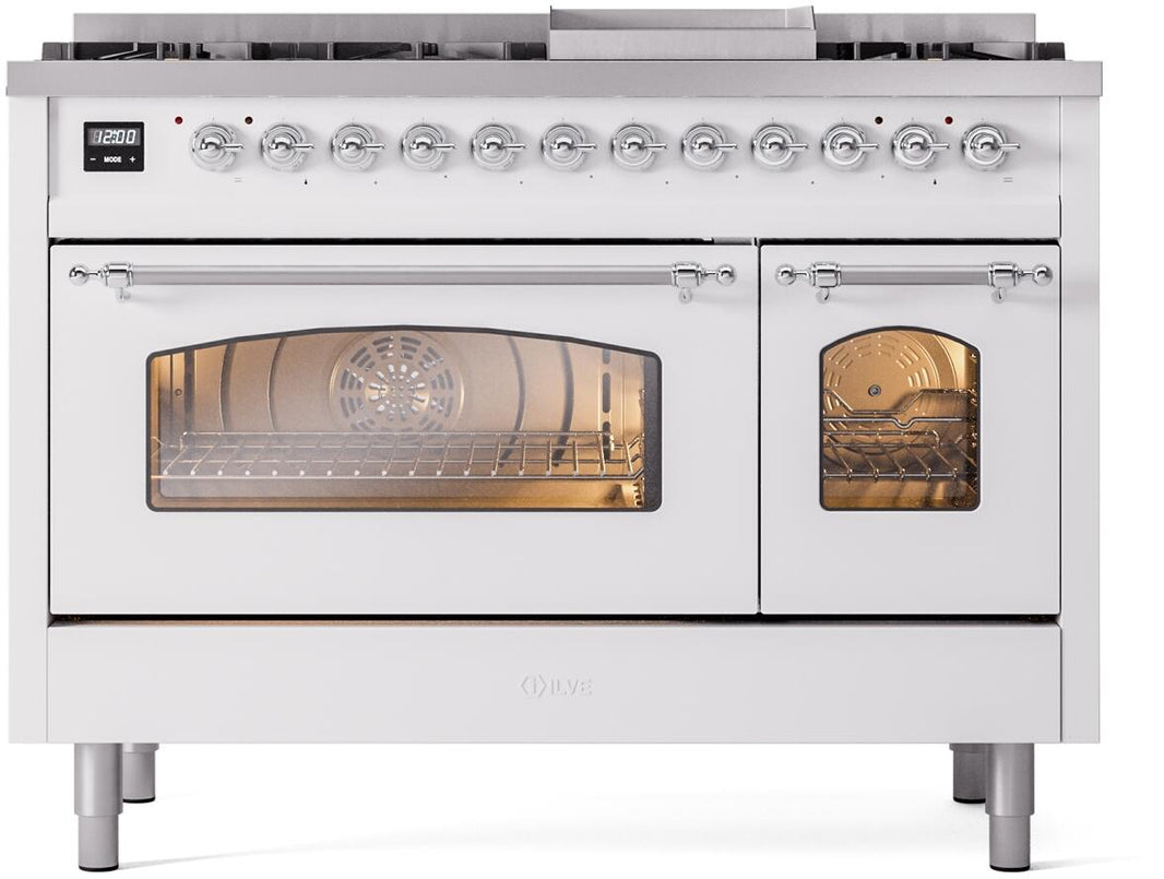 ILVE Nostalgie II 48-Inch Dual Fuel Freestanding Range in White with Chrome Trim (UP48FNMPWHC)