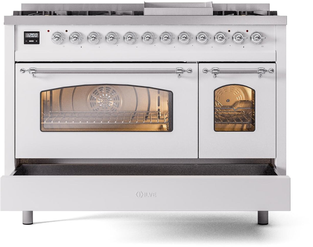 ILVE Nostalgie II 48-Inch Dual Fuel Freestanding Range in White with Chrome Trim (UP48FNMPWHC)