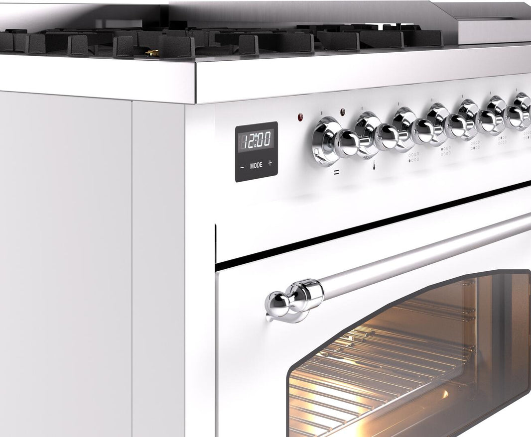 ILVE Nostalgie II 48-Inch Dual Fuel Freestanding Range in White with Chrome Trim (UP48FNMPWHC)