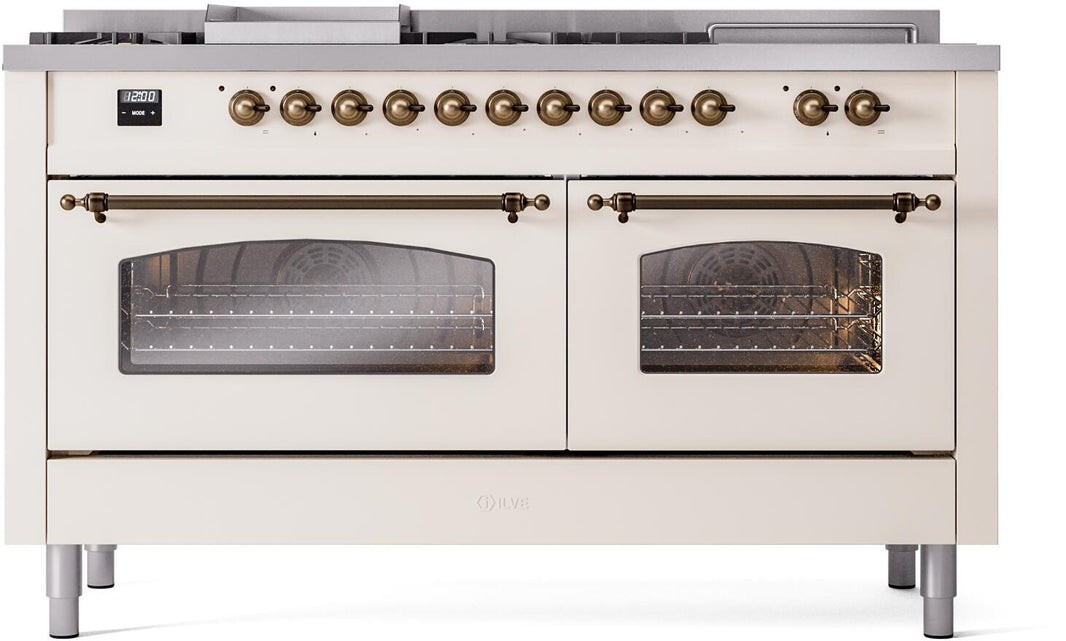 ILVE Nostalgie II 60-Inch Dual Fuel Freestanding Range in Antique White with Bronze Trim (UP60FSNMPAWB)