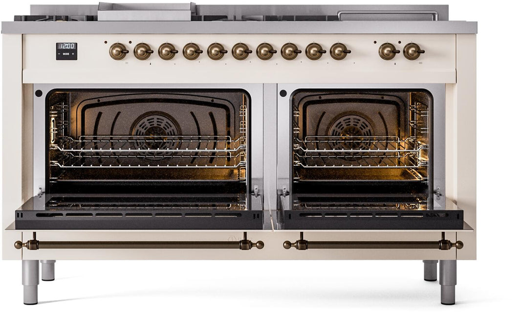 ILVE Nostalgie II 60-Inch Dual Fuel Freestanding Range in Antique White with Bronze Trim (UP60FSNMPAWB)