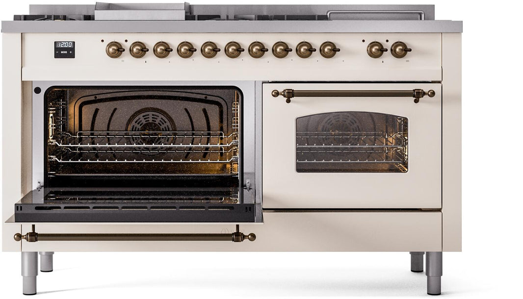 ILVE Nostalgie II 60-Inch Dual Fuel Freestanding Range in Antique White with Bronze Trim (UP60FSNMPAWB)