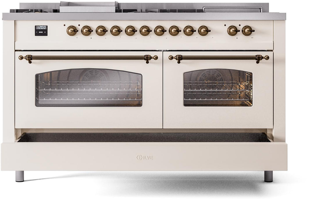 ILVE Nostalgie II 60-Inch Dual Fuel Freestanding Range in Antique White with Bronze Trim (UP60FSNMPAWB)