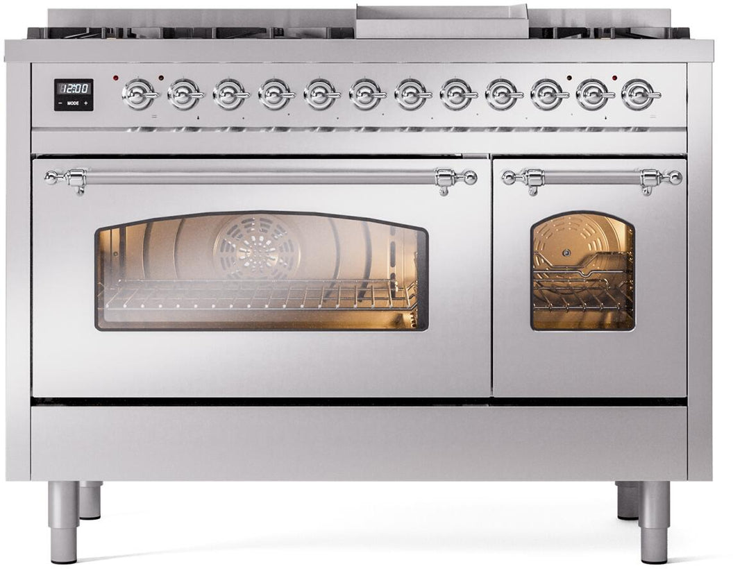 ILVE Nostalgie II 48-Inch Dual Fuel Freestanding Range in Stainless Steel with Chrome Trim (UP48FNMPSSC)