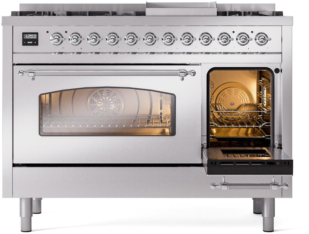 ILVE Nostalgie II 48-Inch Dual Fuel Freestanding Range in Stainless Steel with Chrome Trim (UP48FNMPSSC)