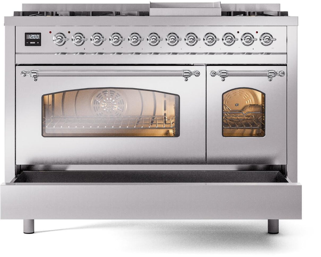 ILVE Nostalgie II 48-Inch Dual Fuel Freestanding Range in Stainless Steel with Chrome Trim (UP48FNMPSSC)