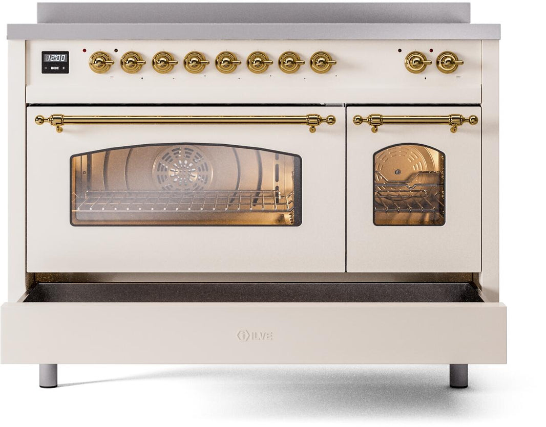 ILVE Nostalgie II 48-Inch Freestanding Electric Induction Range in Antique White with Brass Trim (UPI486NMPAWG)