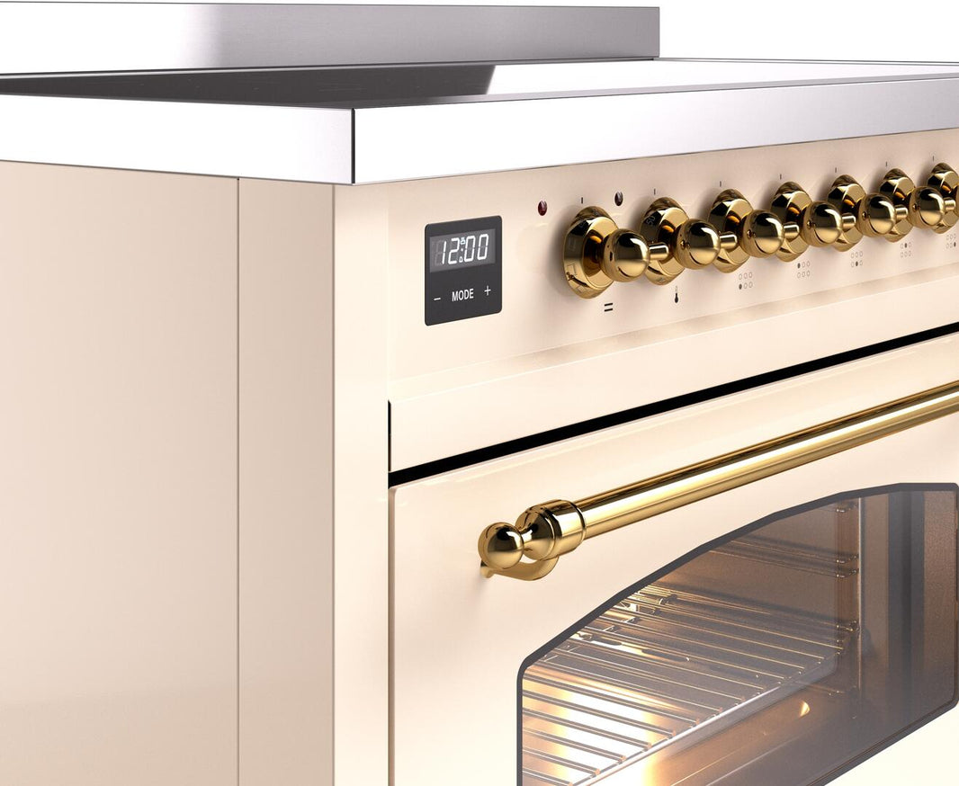 ILVE Nostalgie II 48-Inch Freestanding Electric Induction Range in Antique White with Brass Trim (UPI486NMPAWG)