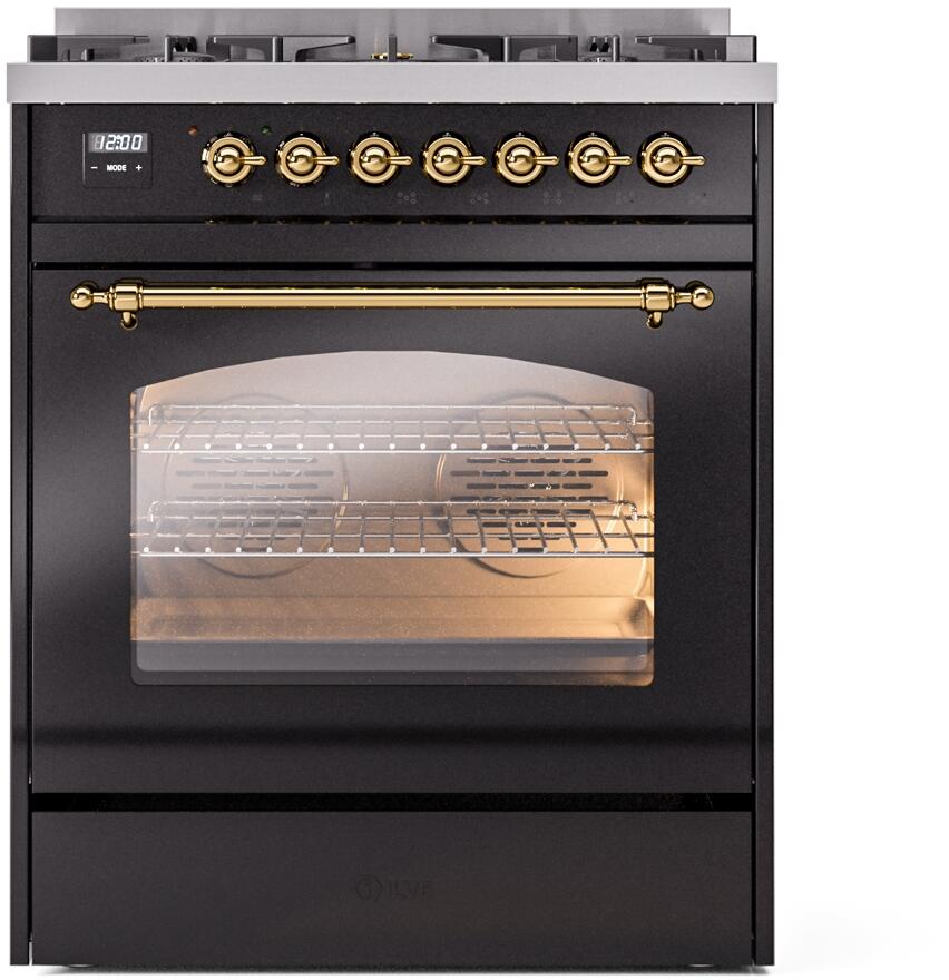 ILVE Nostalgie II 30-Inch Dual Fuel Freestanding Range in Glossy Black with Brass Trim (UP30NMPBKG)