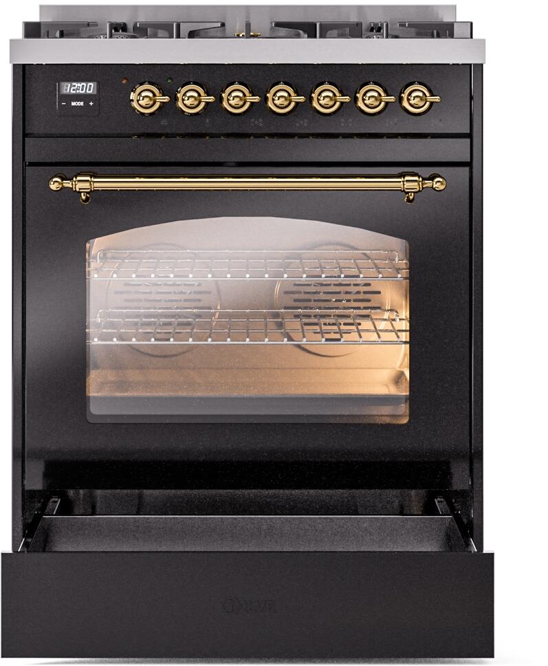 ILVE Nostalgie II 30-Inch Dual Fuel Freestanding Range in Glossy Black with Brass Trim (UP30NMPBKG)