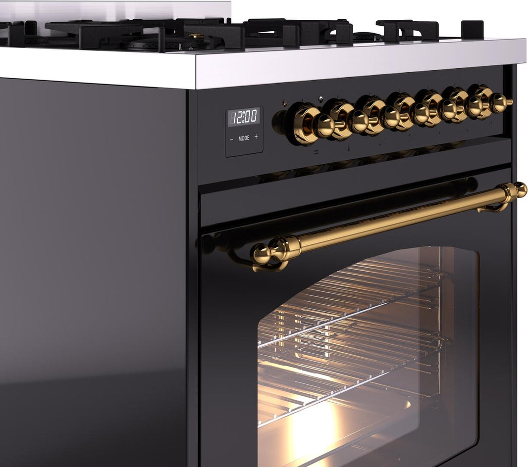 ILVE Nostalgie II 30-Inch Dual Fuel Freestanding Range in Glossy Black with Brass Trim (UP30NMPBKG)