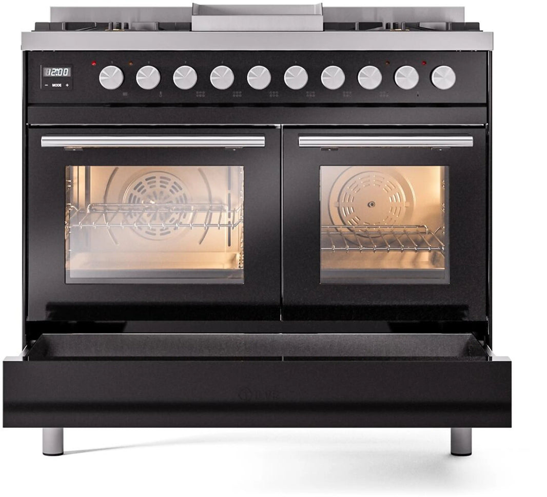 ILVE Professional Plus II 40-Inch Freestanding Dual Fuel Range with 6 Sealed Burner in Glossy Black (UPD40FWMPBK)