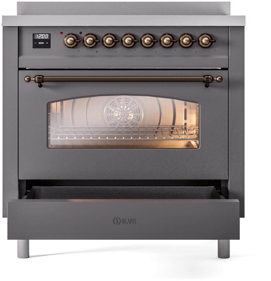 ILVE Nostalgie II 36-Inch Freestanding Electric Induction Range in Matte Graphite with Bronze Trim (UPI366NMPMGB)