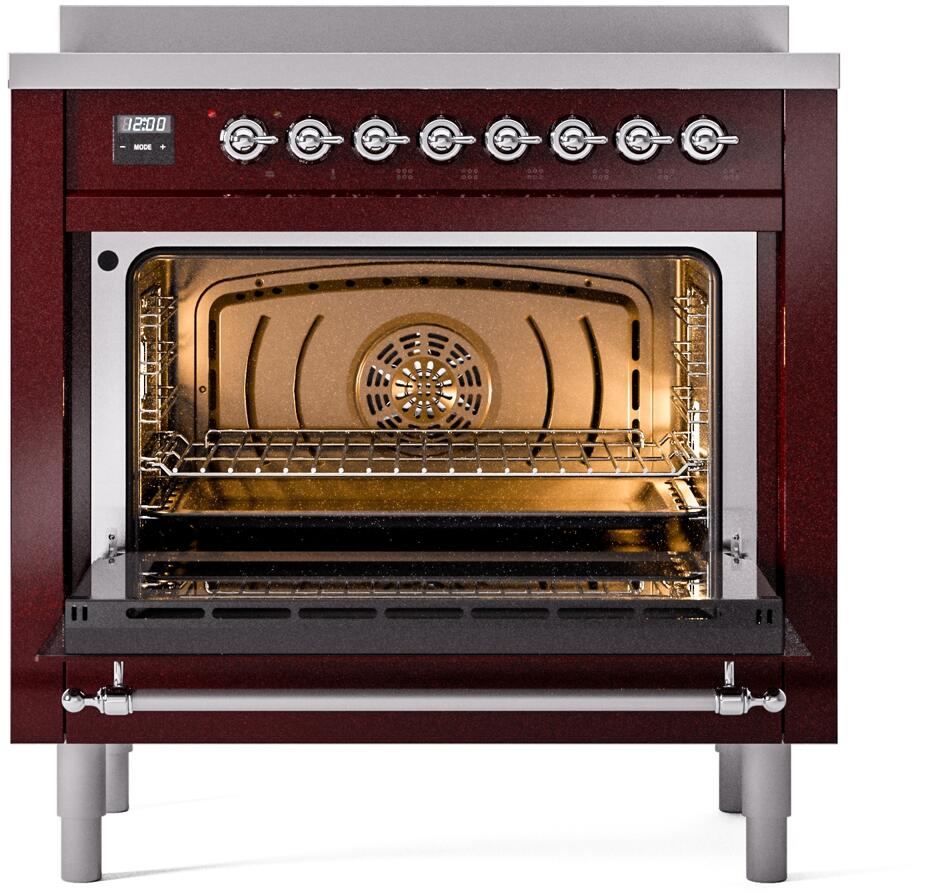 ILVE Nostalgie II 36-Inch Freestanding Electric Induction Range in Burgundy with Chrome Trim (UPI366NMPBUC)