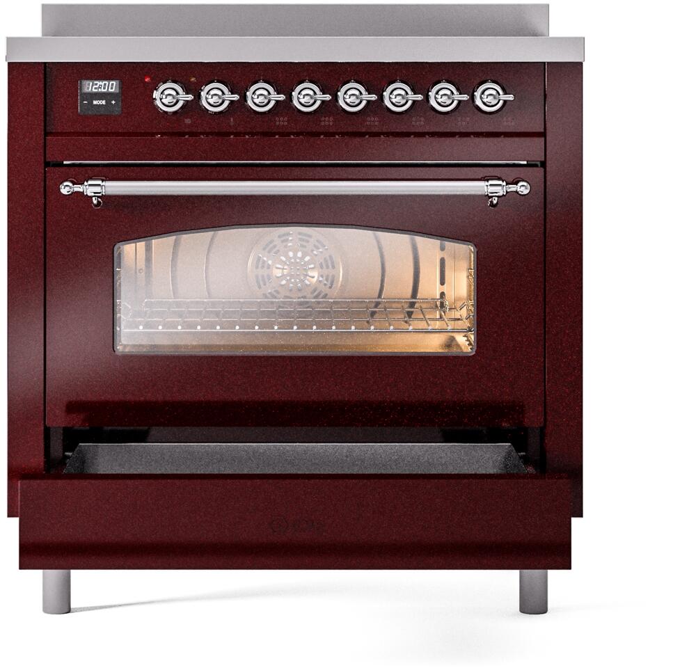 ILVE Nostalgie II 36-Inch Freestanding Electric Induction Range in Burgundy with Chrome Trim (UPI366NMPBUC)