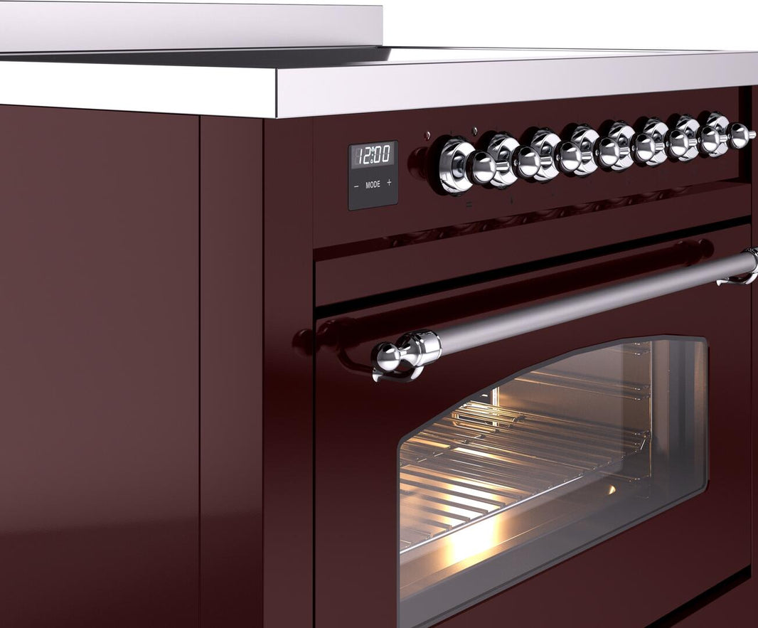 ILVE Nostalgie II 36-Inch Freestanding Electric Induction Range in Burgundy with Chrome Trim (UPI366NMPBUC)